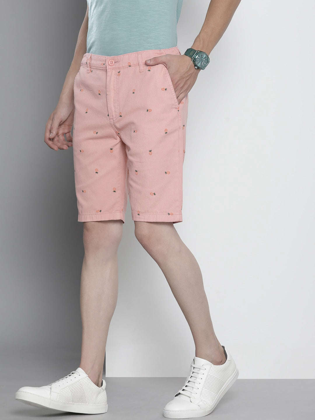 Men's Pink Slim Fit Printed Casual Shorts