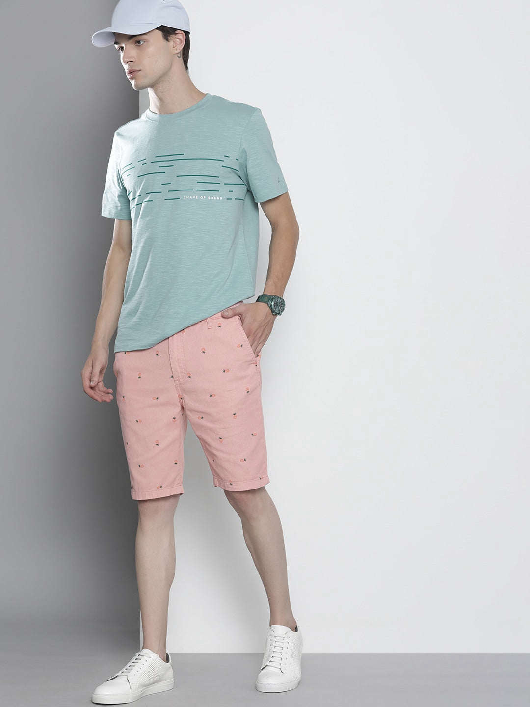 Men's Pink Slim Fit Printed Casual Shorts
