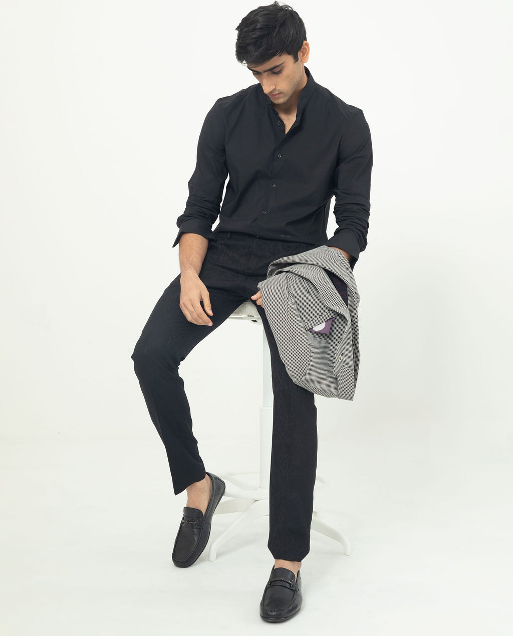 Rare Rabbit Men's Coxx Black Cotton Plain Regular Fit Full Sleeve Mandarin Collar Shirt