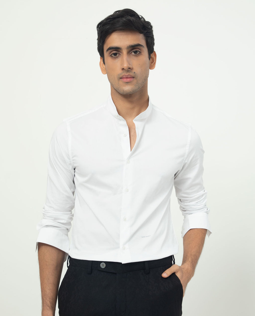 Rare Rabbit Men's Coxx Off White Cotton Plain Regular Fit Full Sleeve Mandarin Collar Shirt