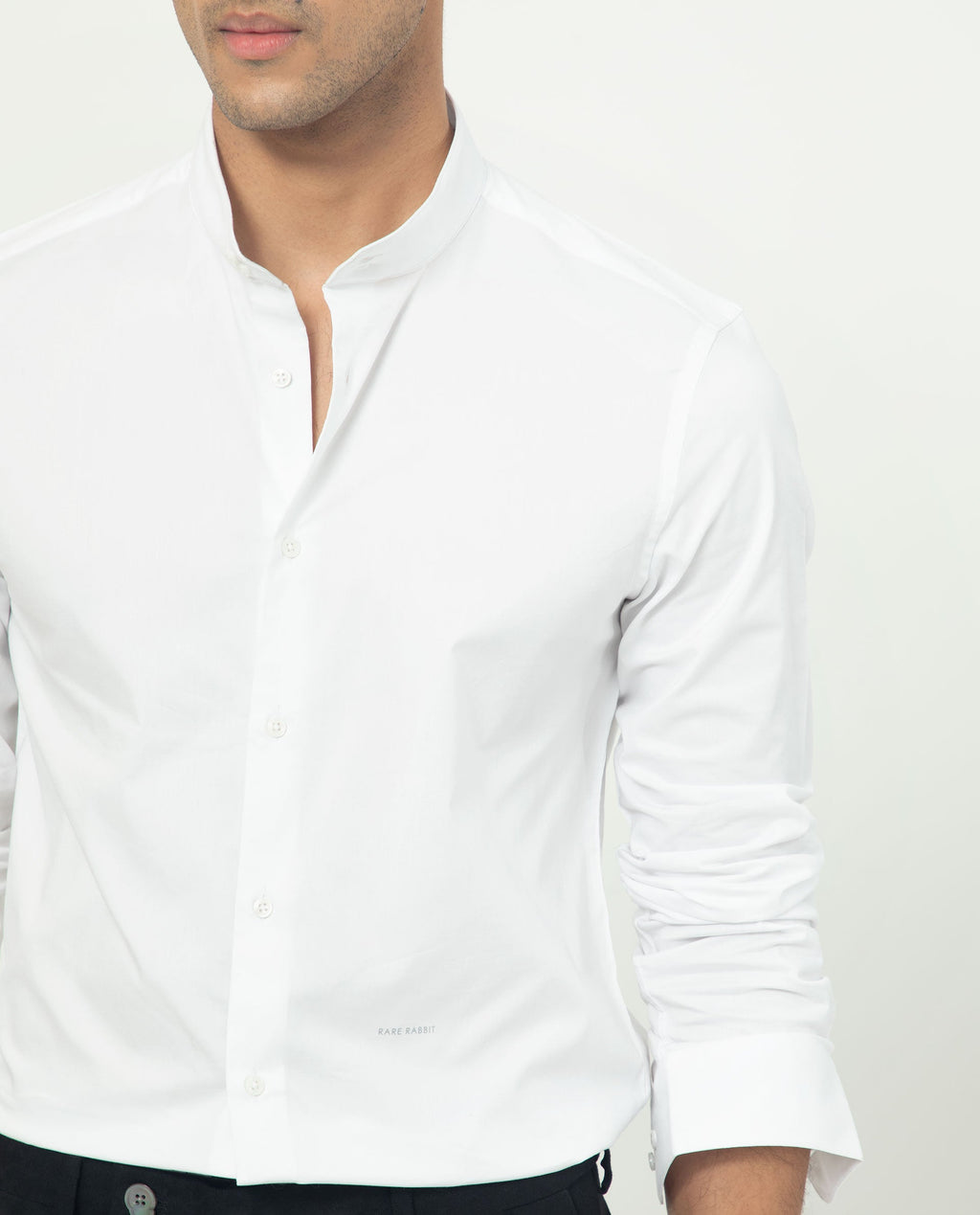Rare Rabbit Men's Coxx Off White Cotton Plain Regular Fit Full Sleeve Mandarin Collar Shirt