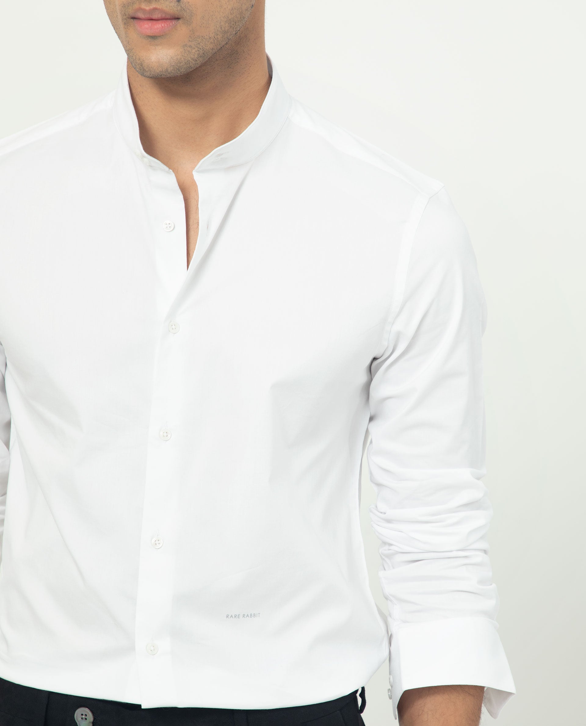 Rare Rabbit Men's Coxx Off White Cotton Plain Regular Fit Full Sleeve Mandarin Collar Shirt
