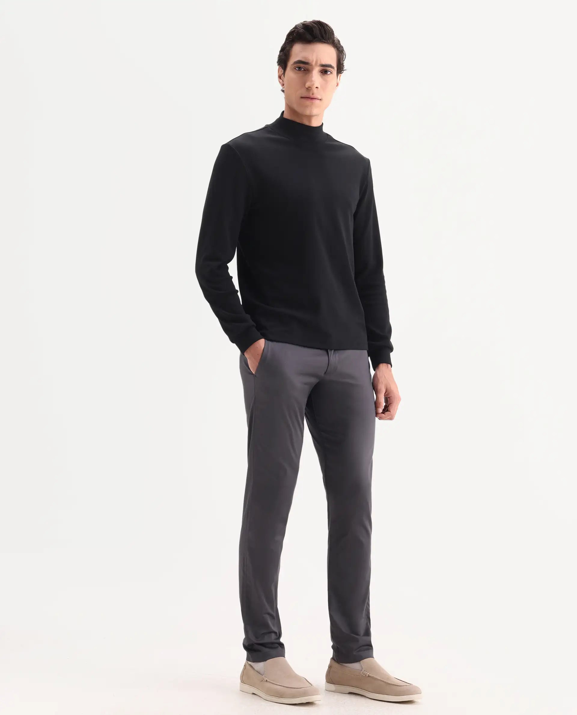 Rare Rabbit Men's Daron Grey Cotton Plain Regular Fit Trouser
