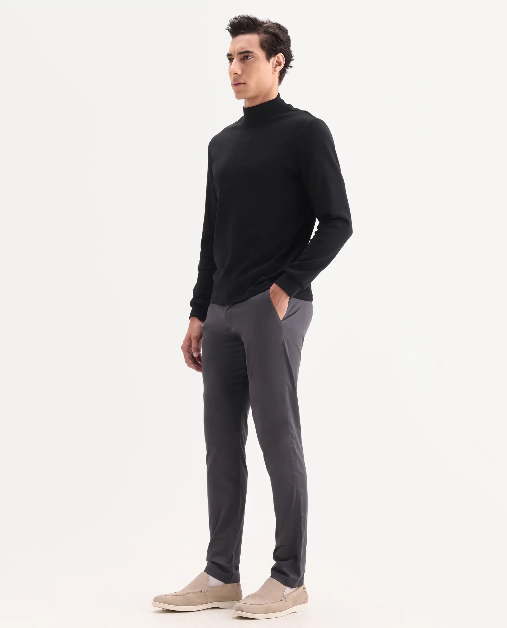 Rare Rabbit Men's Daron Grey Cotton Plain Regular Fit Trouser