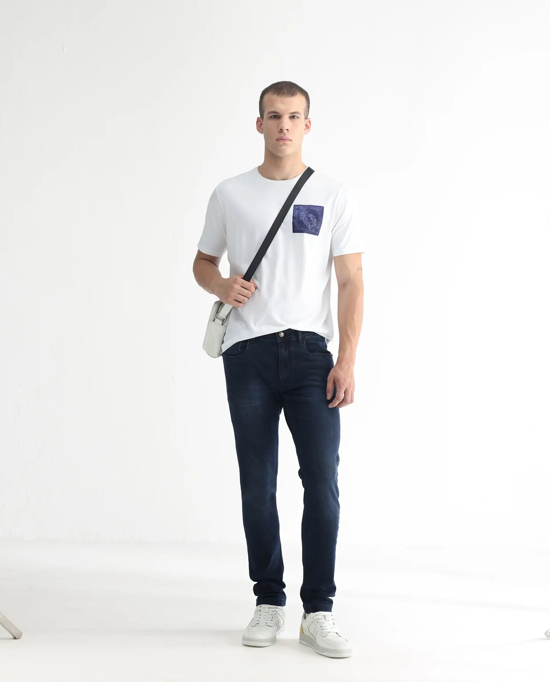Rare Rabbit Men's Diep Flouroscent Blue Cotton Plain Hawk Slim Fit Jeans