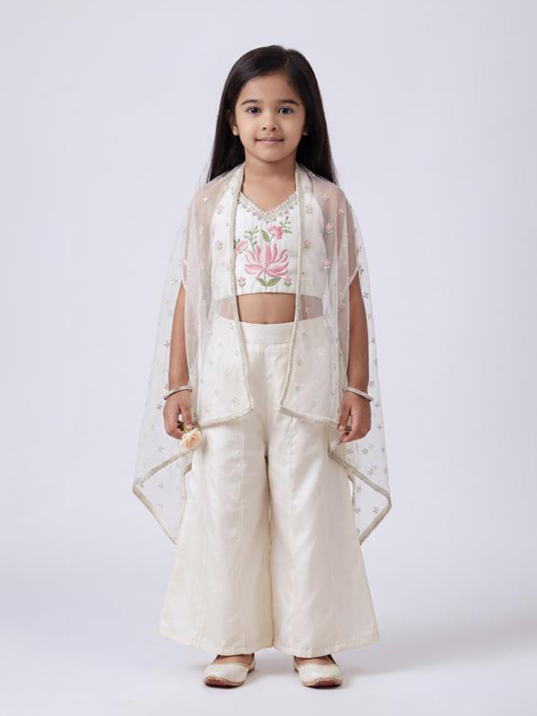 Utsa Kids Girls Off-White Floral Embroidered Top Palazzo and Shrug Set - (2-8 yrs)