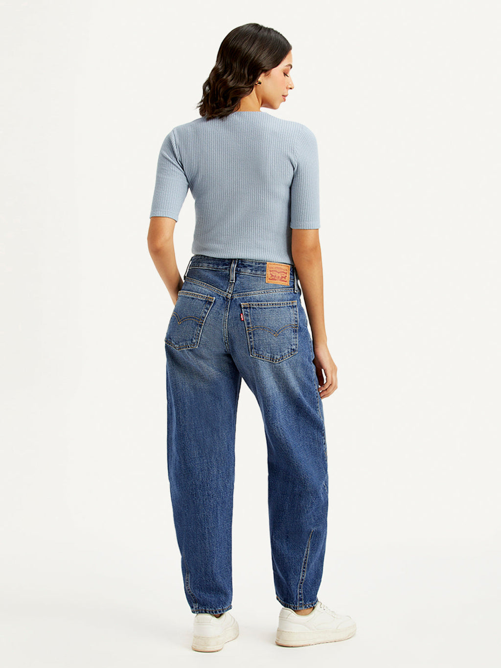 Women's Blue Baggy Dad Barrel Fit Mid Rise Jeans