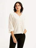Women's Solid Off-White V Neck Top