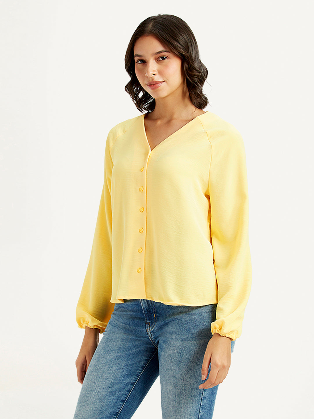 Women's Solid Yellow V Neck Top