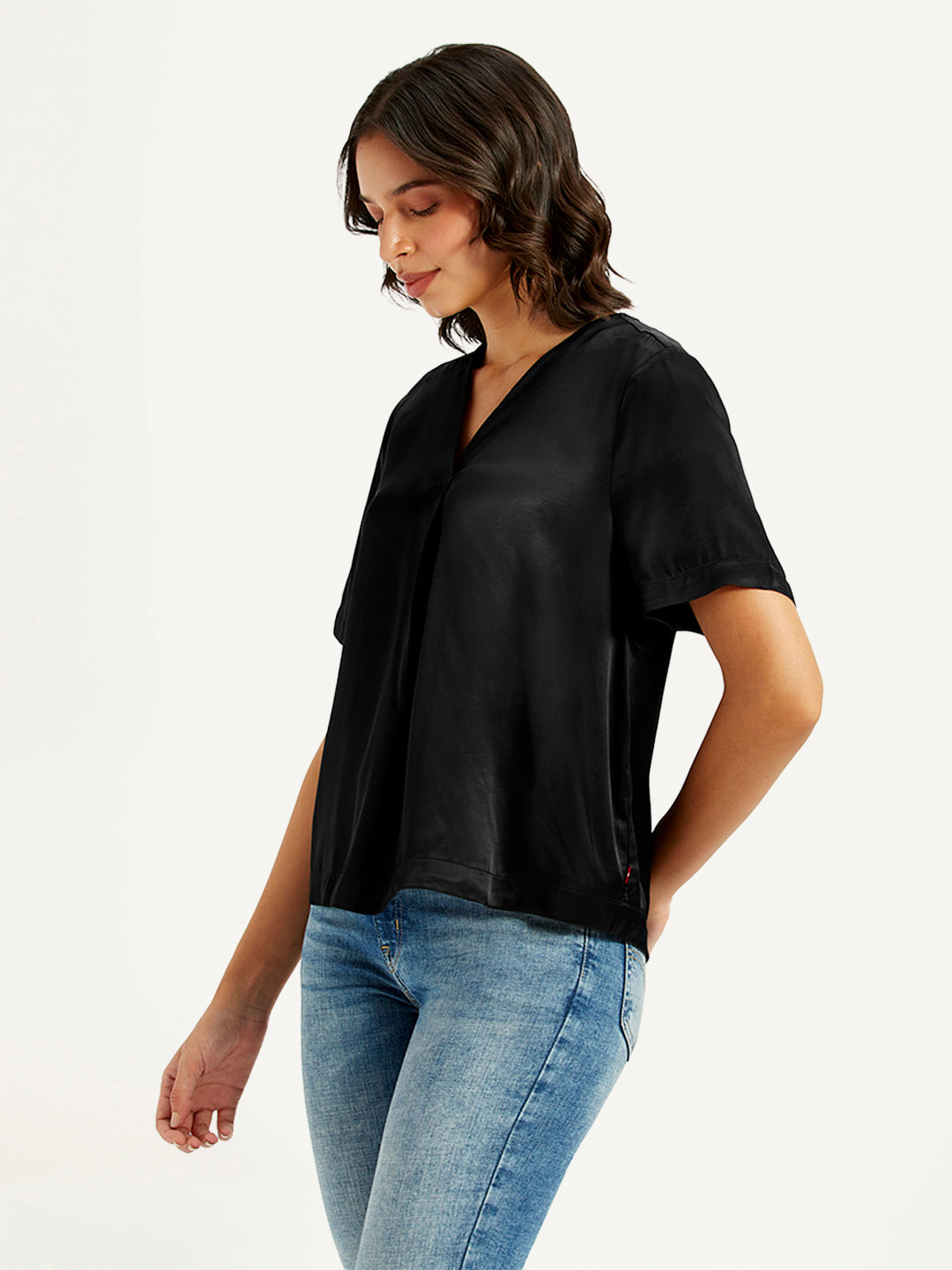 Women's Solid Black V-Neck Top