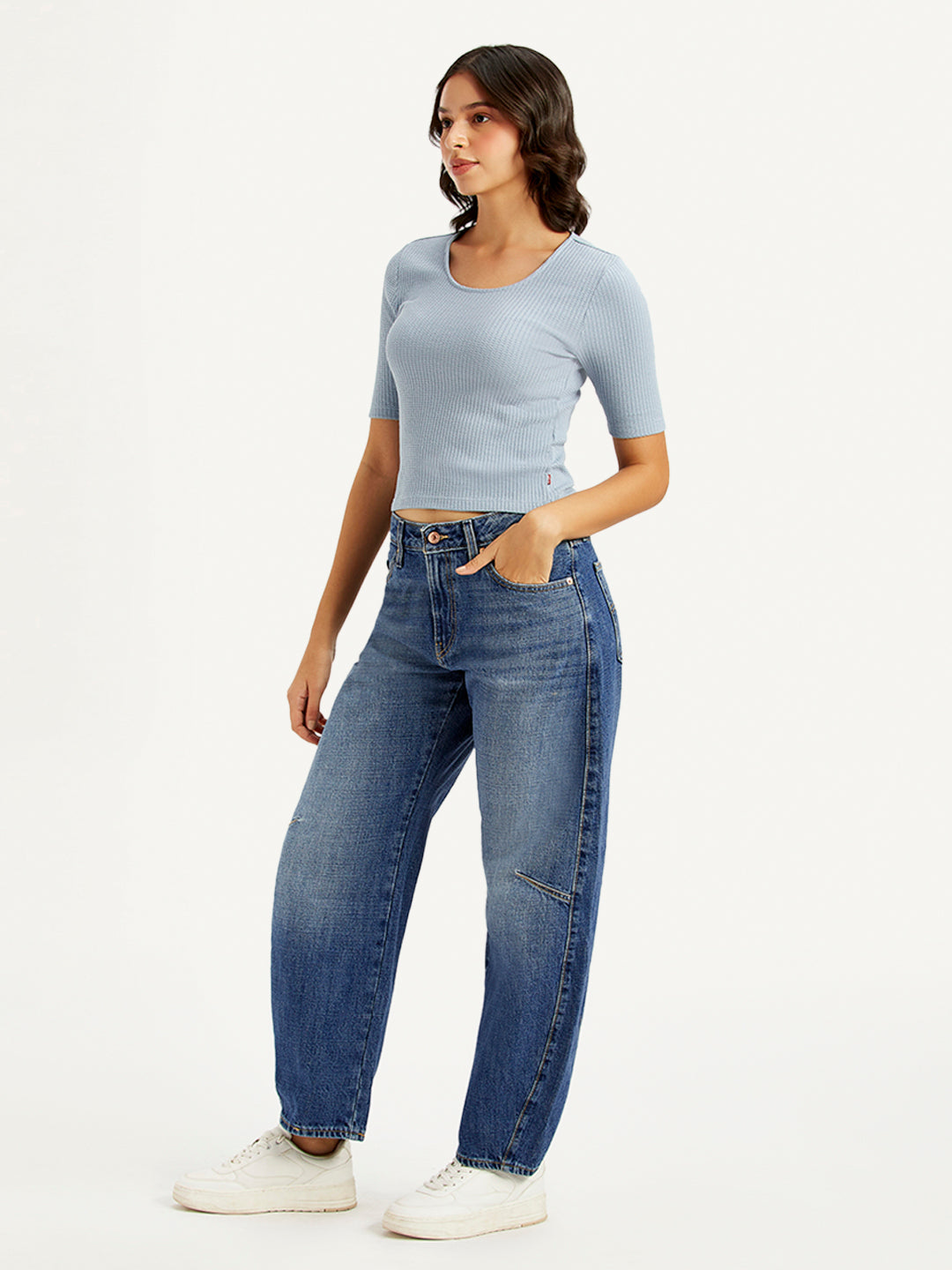 Women's Blue Baggy Dad Barrel Fit Mid Rise Jeans