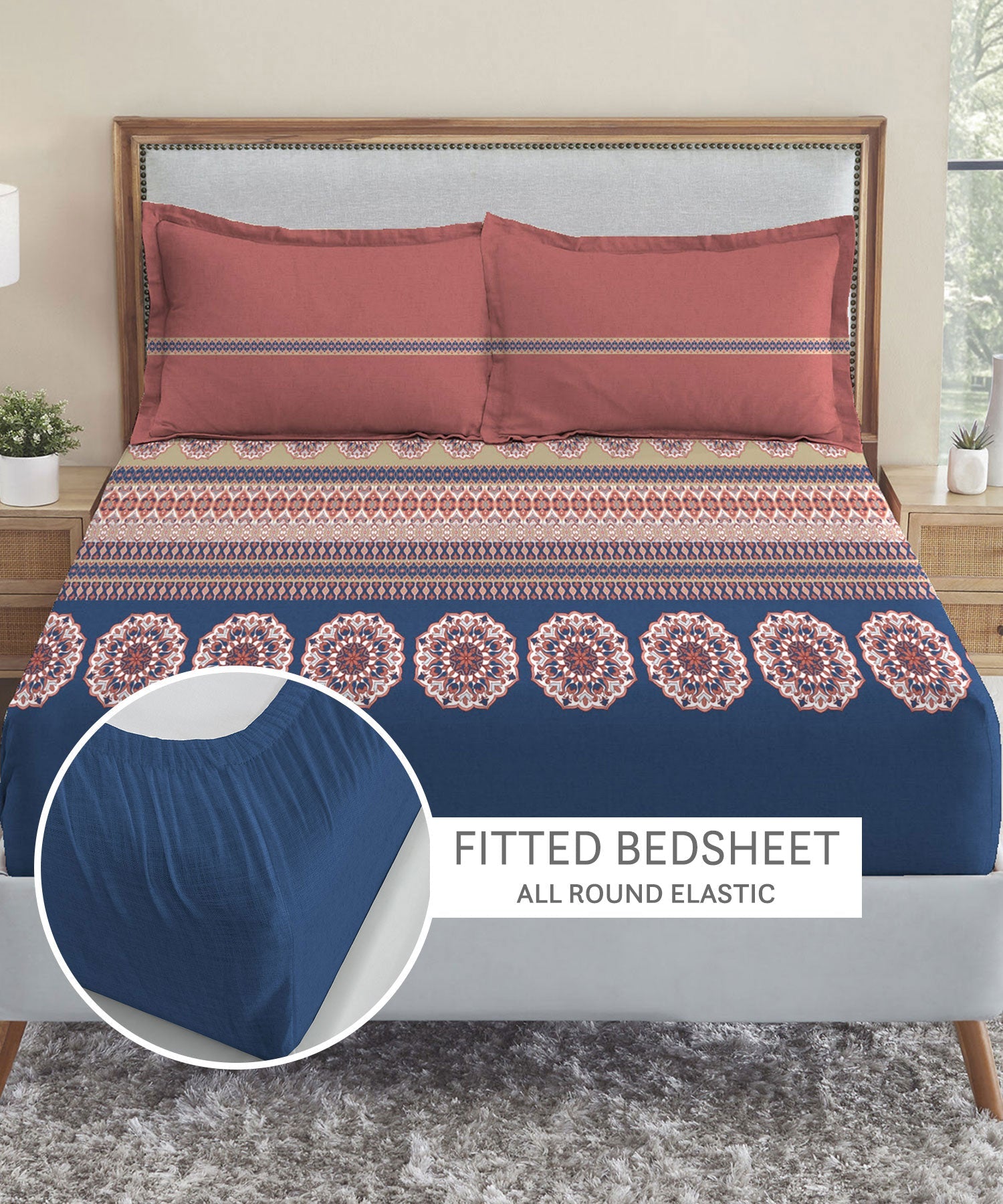 Soft Comfort King Fitted Bedsheet Set, Earthy Tale|210 TC Cotton|2 Pillow Covers