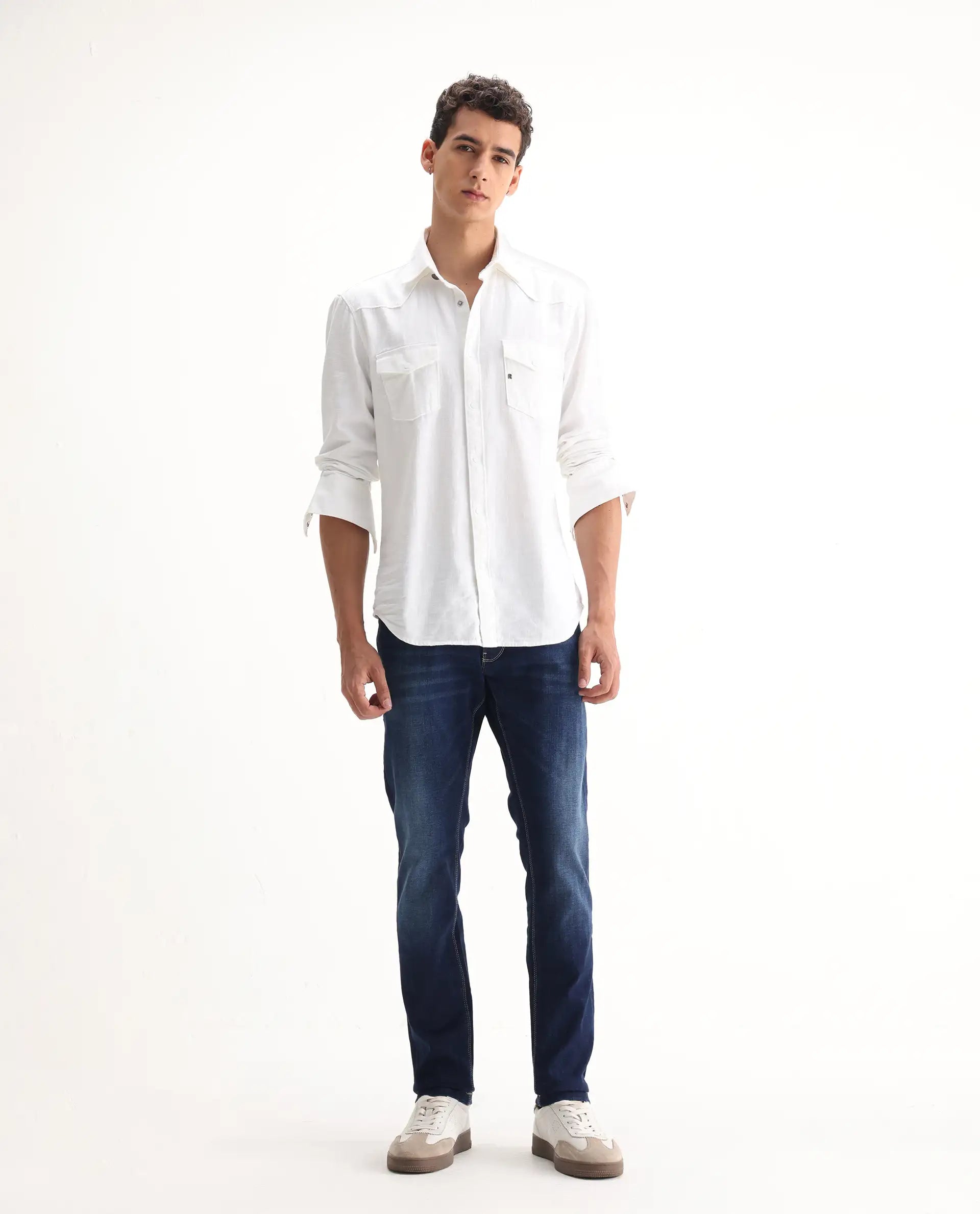 Rare Rabbit Men's Edwin Blue Cotton Plain Hawk Slim Fit Jeans