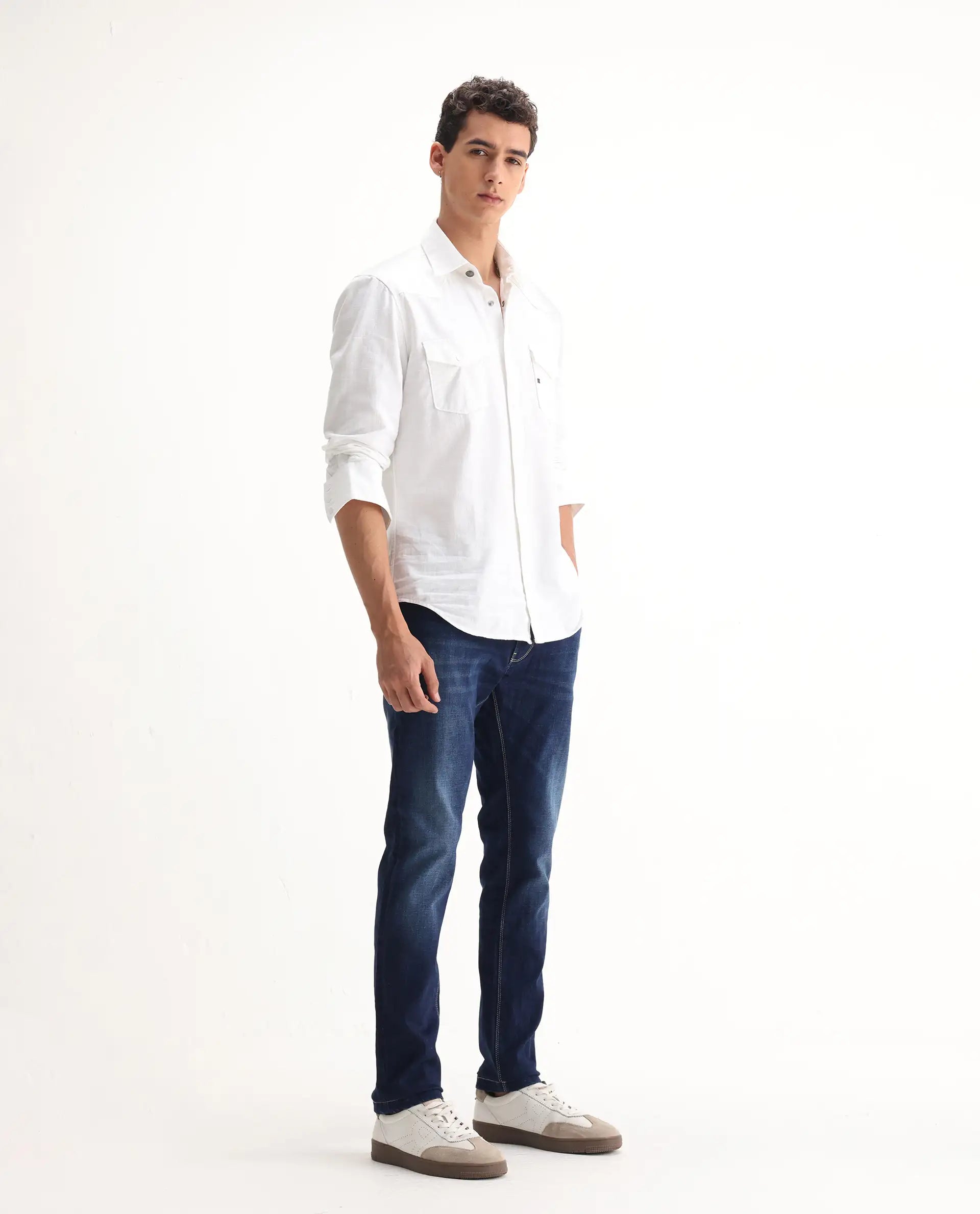 Rare Rabbit Men's Edwin Blue Cotton Plain Hawk Slim Fit Jeans