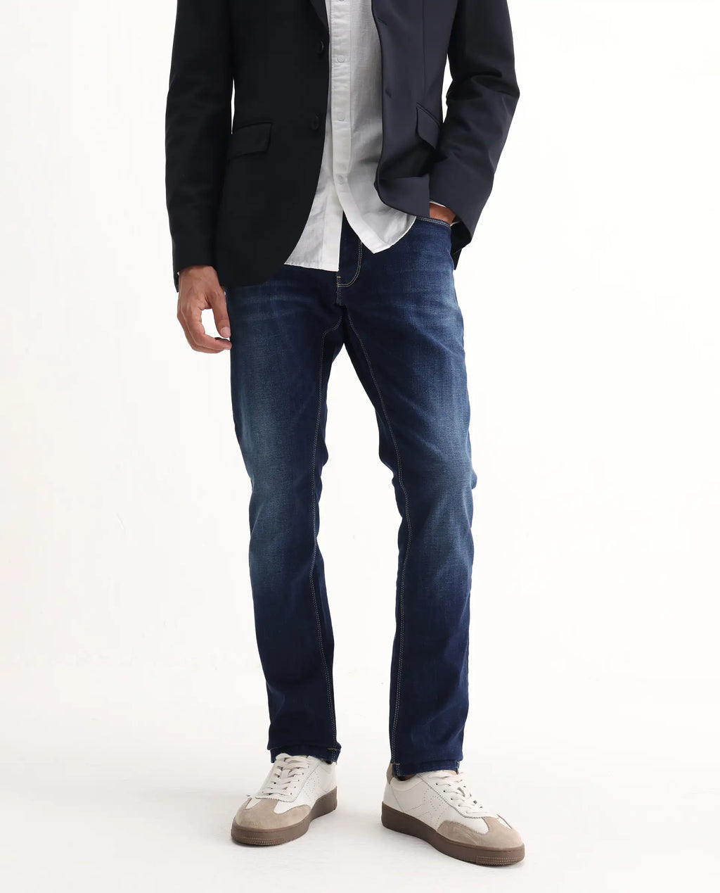 Rare Rabbit Men's Edwin Blue Cotton Plain Hawk Slim Fit Jeans