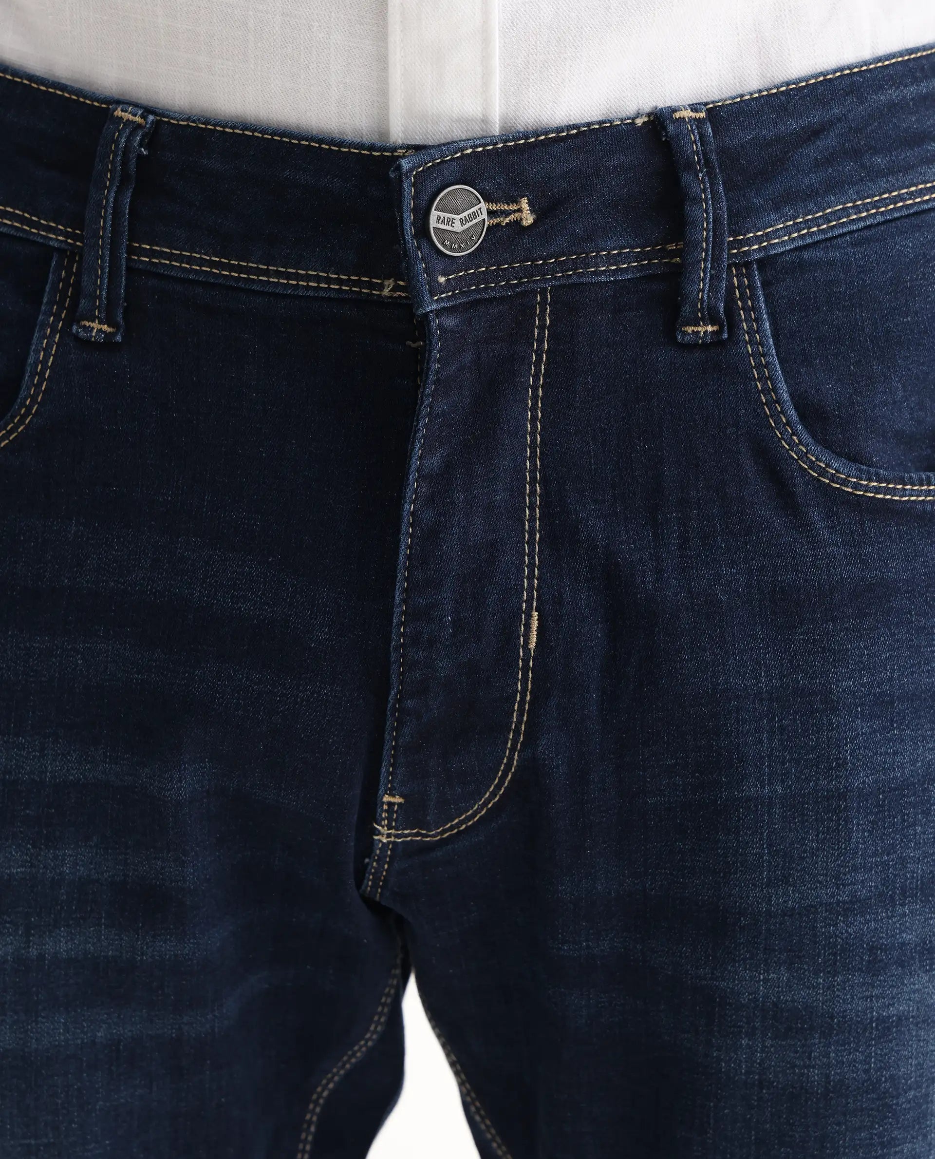 Rare Rabbit Men's Edwin Blue Cotton Plain Hawk Slim Fit Jeans
