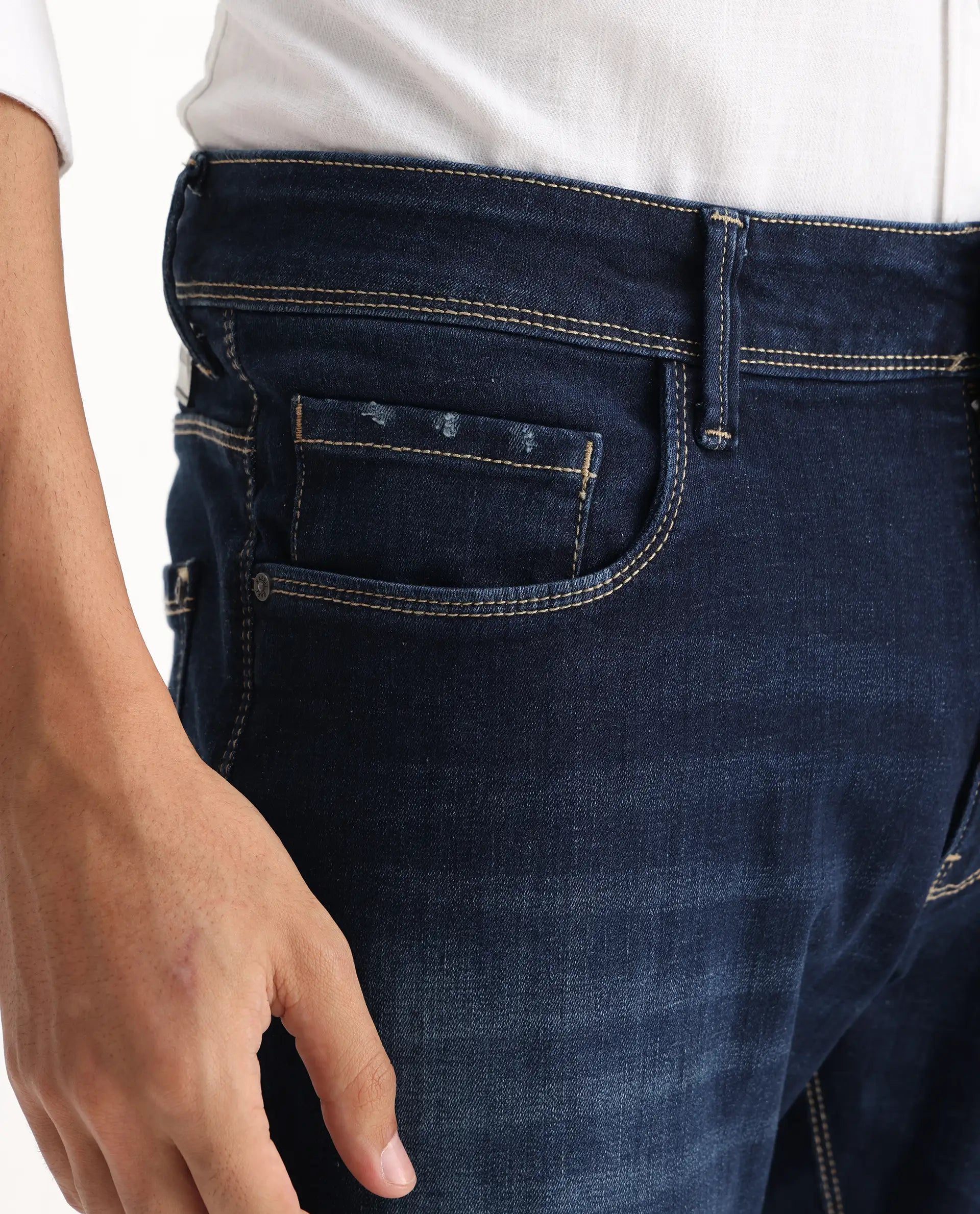 Rare Rabbit Men's Edwin Blue Cotton Plain Hawk Slim Fit Jeans