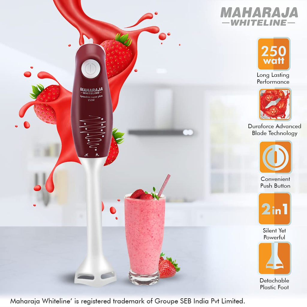 Maharaja Whiteline Plastic Speedmix Super Plus Hand Blender, 250W, Duraforce Advanced Blade Technology, 800Ml Multi-Purpose Jar, Cherry Red & White, Standard, 250 Watt
