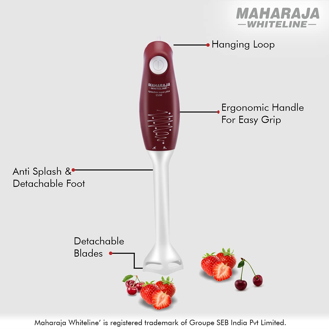 Maharaja Whiteline Plastic Speedmix Super Plus Hand Blender, 250W, Duraforce Advanced Blade Technology, 800Ml Multi-Purpose Jar, Cherry Red & White, Standard, 250 Watt