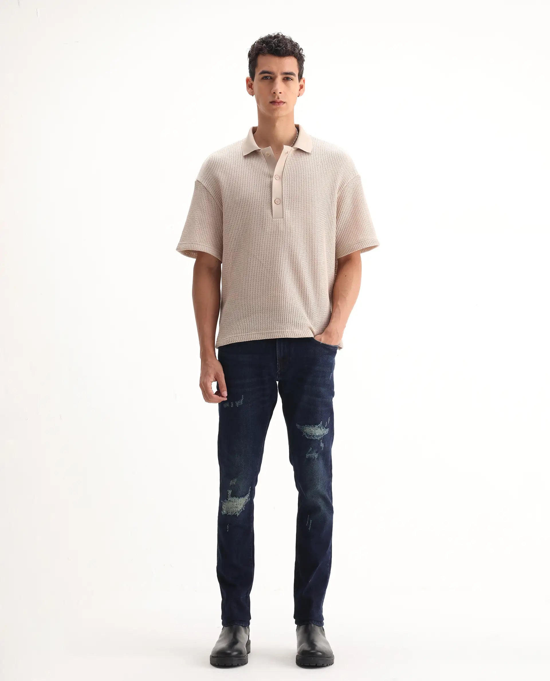 Rare Rabbit Men's Erie Dusky Blue Cotton Blend Plain Hawk Slim Fit Jeans