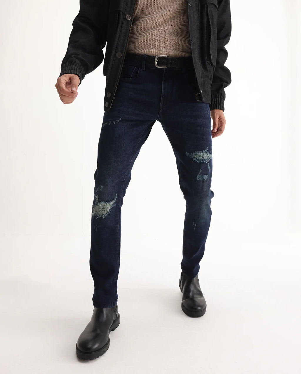 Rare Rabbit Men's Erie Dusky Blue Cotton Blend Plain Hawk Slim Fit Jeans