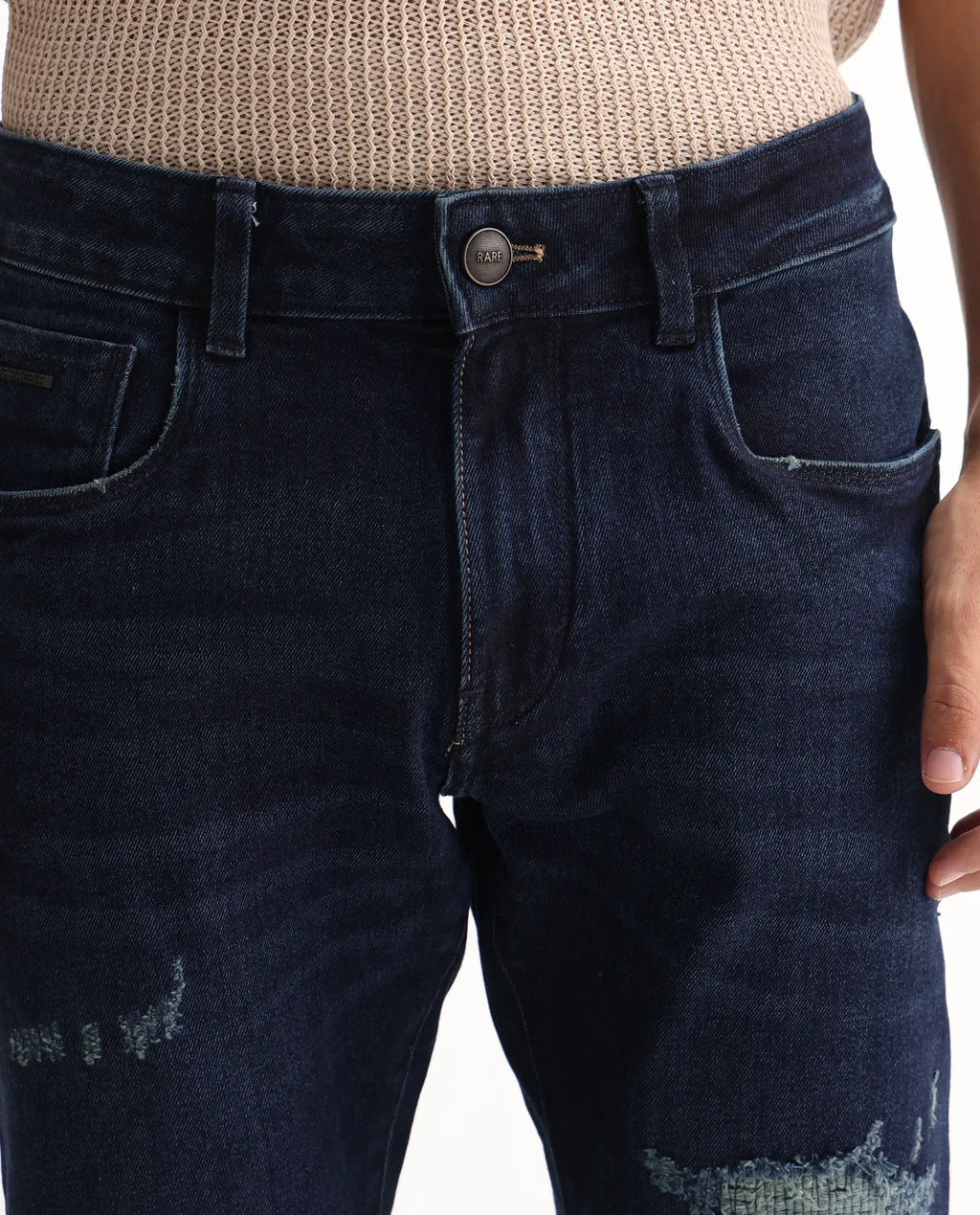 Rare Rabbit Men's Erie Dusky Blue Cotton Blend Plain Hawk Slim Fit Jeans
