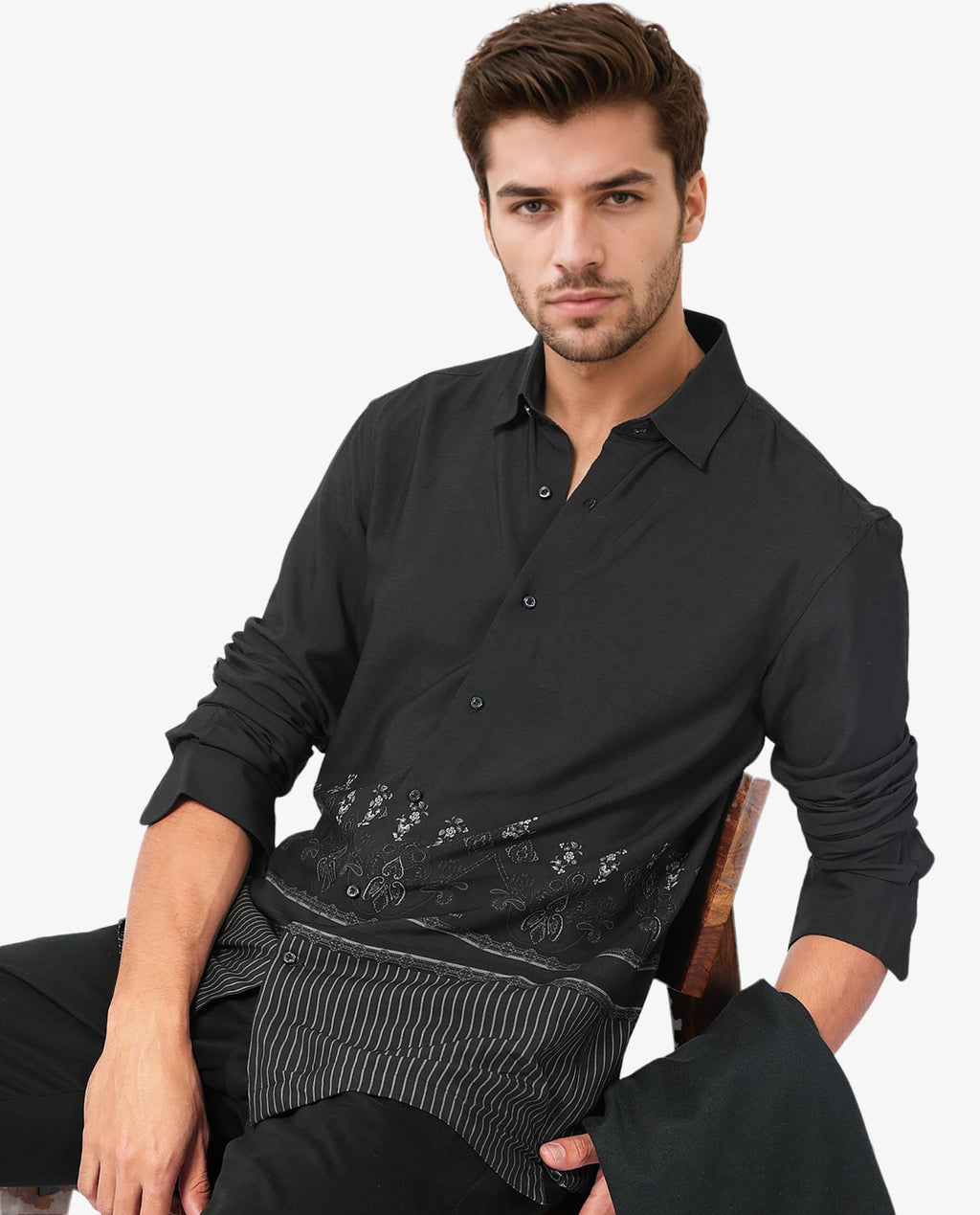Rare Rabbit Men's Esco Black Viscose Floral Print Regular Fit Full Sleeve Collared Shirt