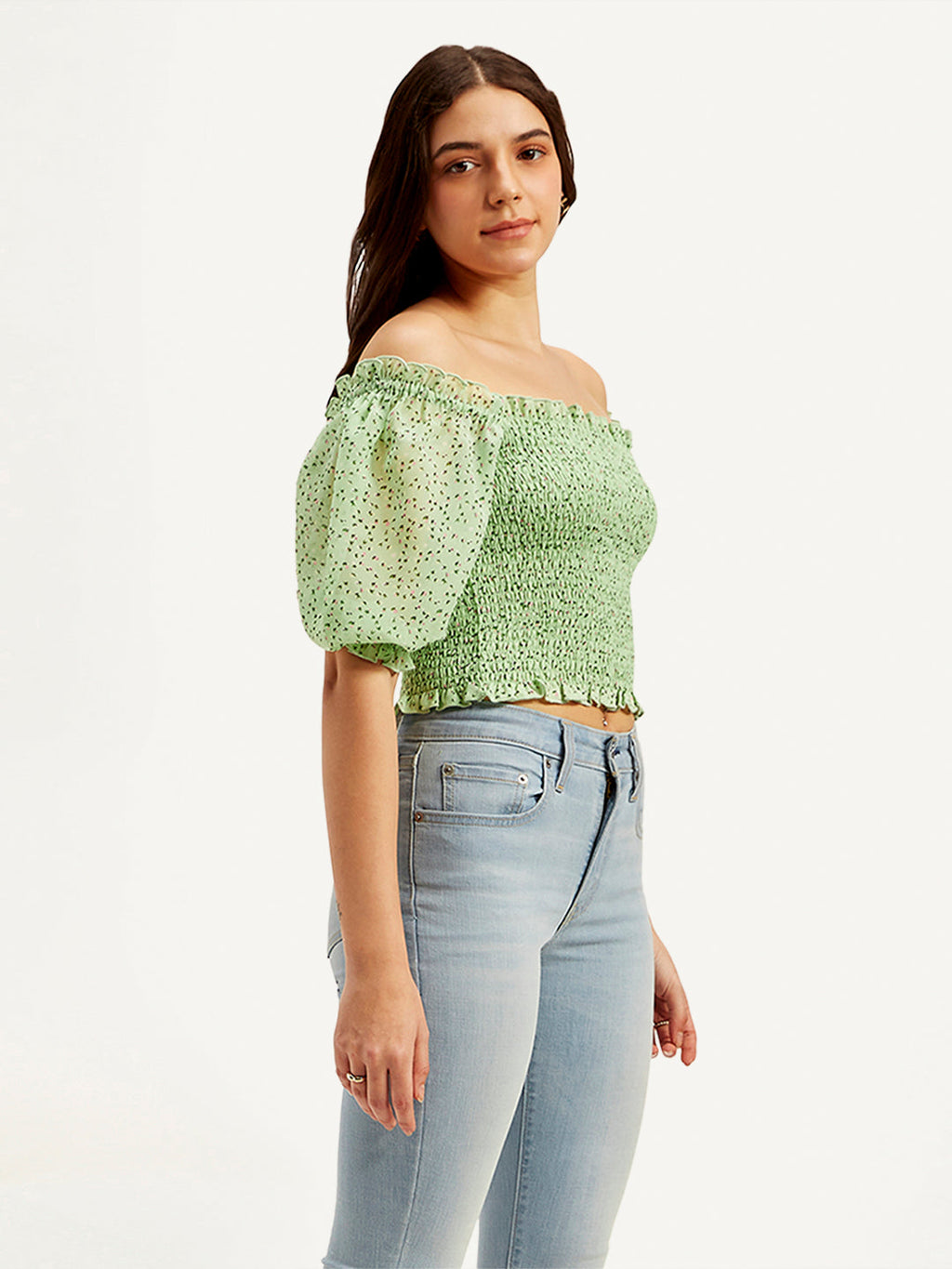 Women's Floral Green Off Shoulder Top