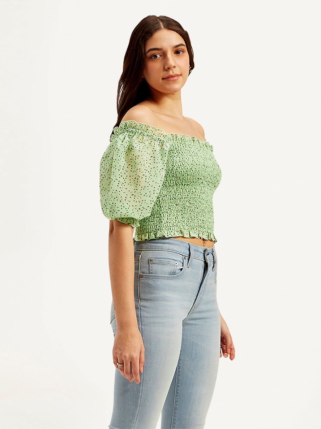 Women's Floral Green Off Shoulder Top