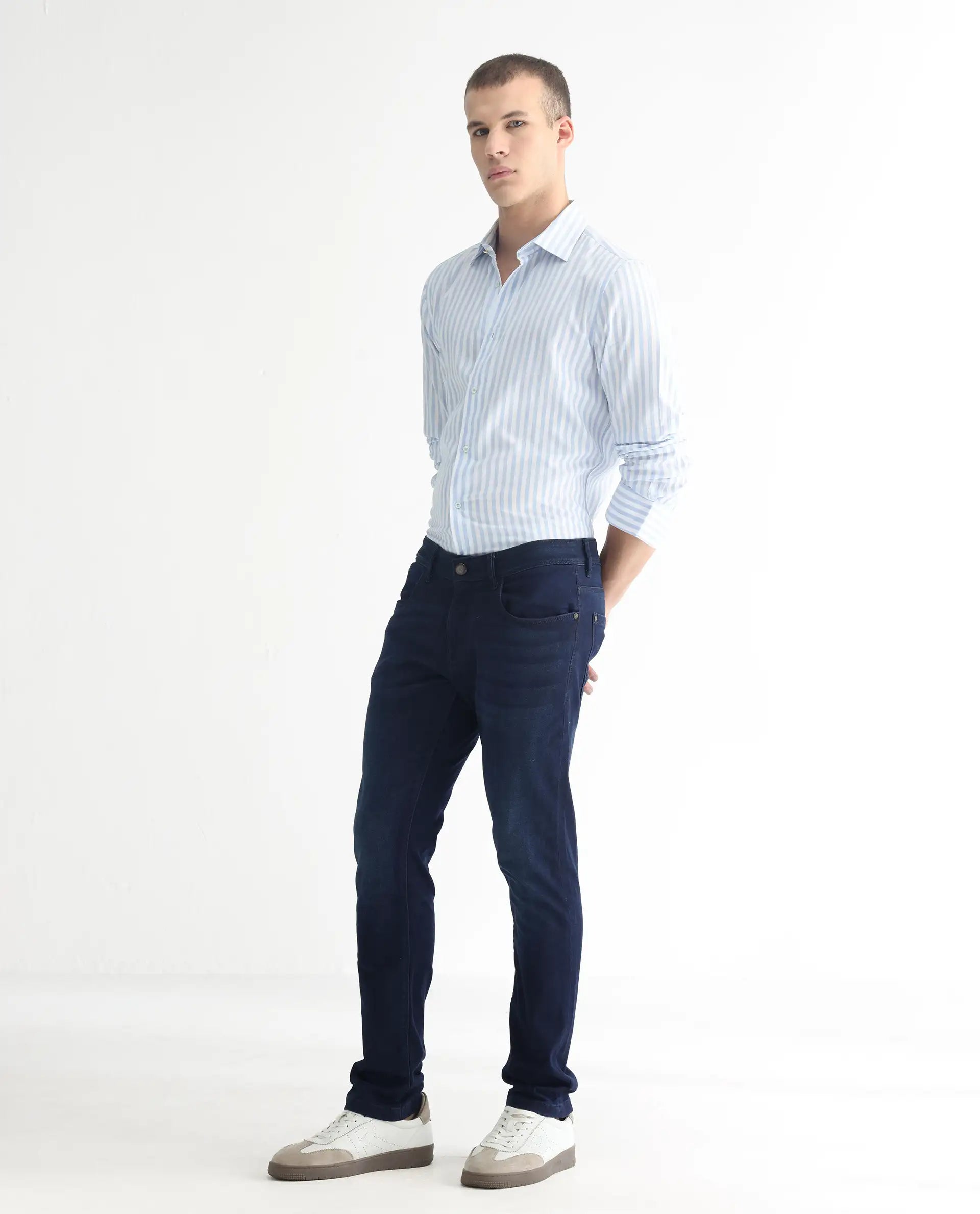 Rare Rabbit Men's Gaza Blue Cotton Plain Hawk Slim Fit Jeans