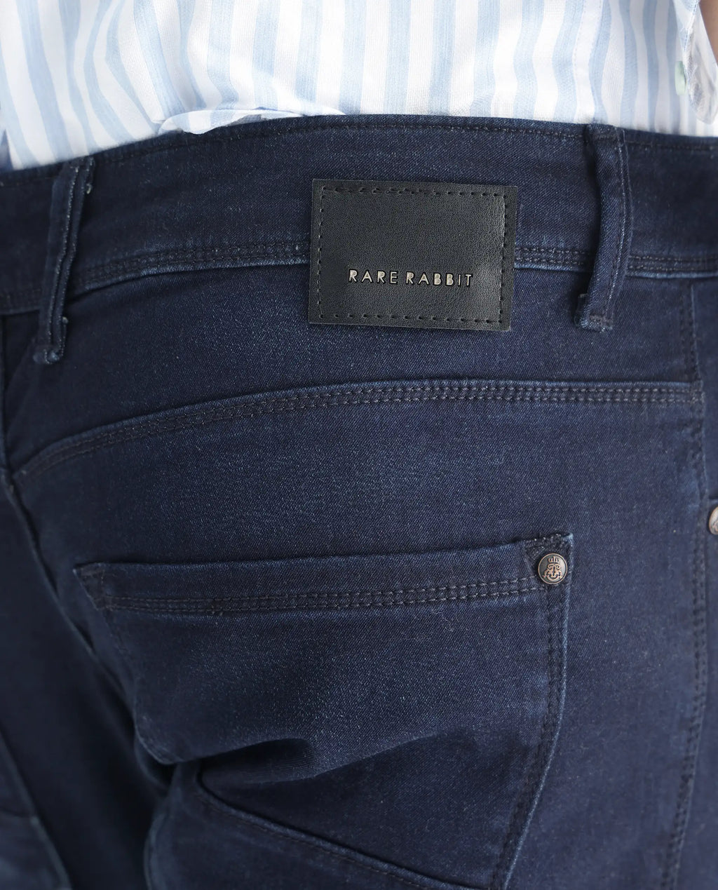 Rare Rabbit Men's Gaza Blue Cotton Plain Hawk Slim Fit Jeans