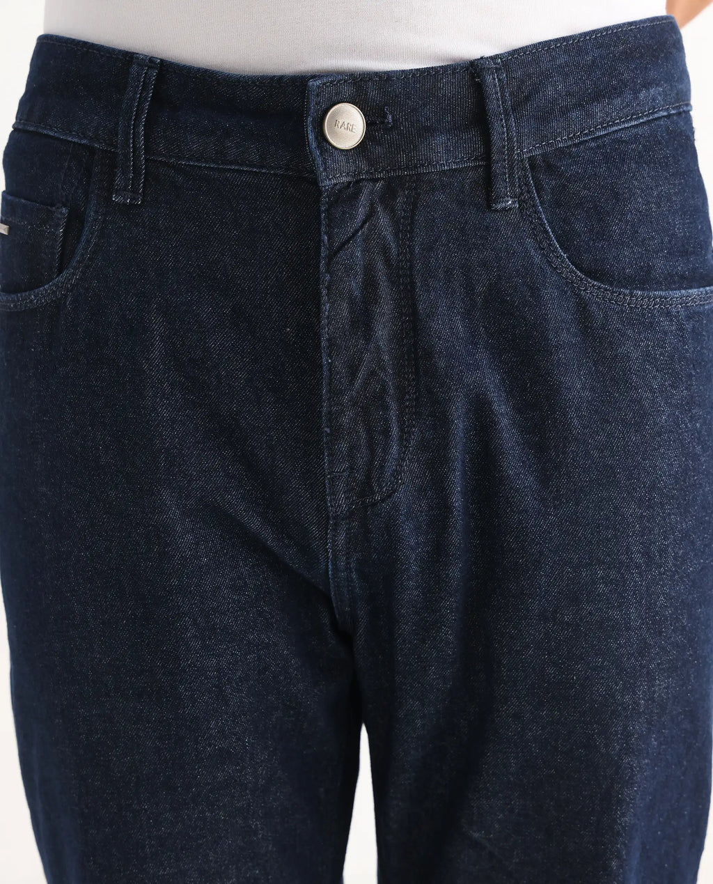 Rare Rabbit Men's Gleb Dark Blue Cotton Plain Kurt Carrot Fit Jeans