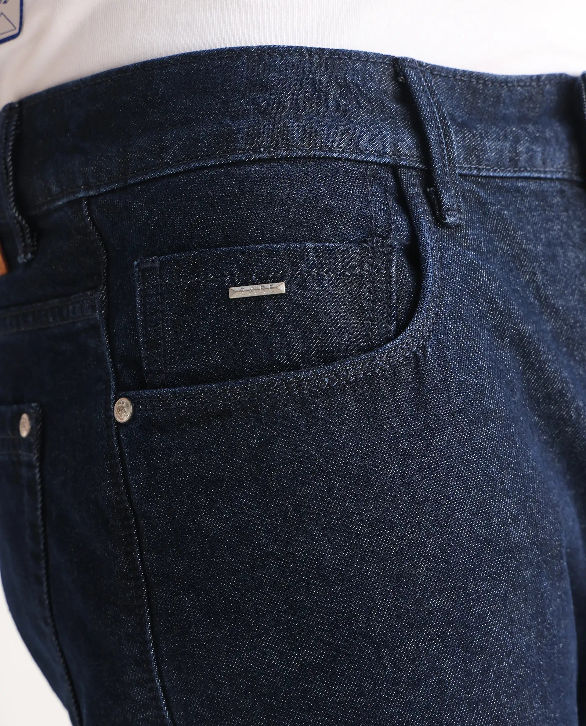 Rare Rabbit Men's Gleb Dark Blue Cotton Plain Kurt Carrot Fit Jeans