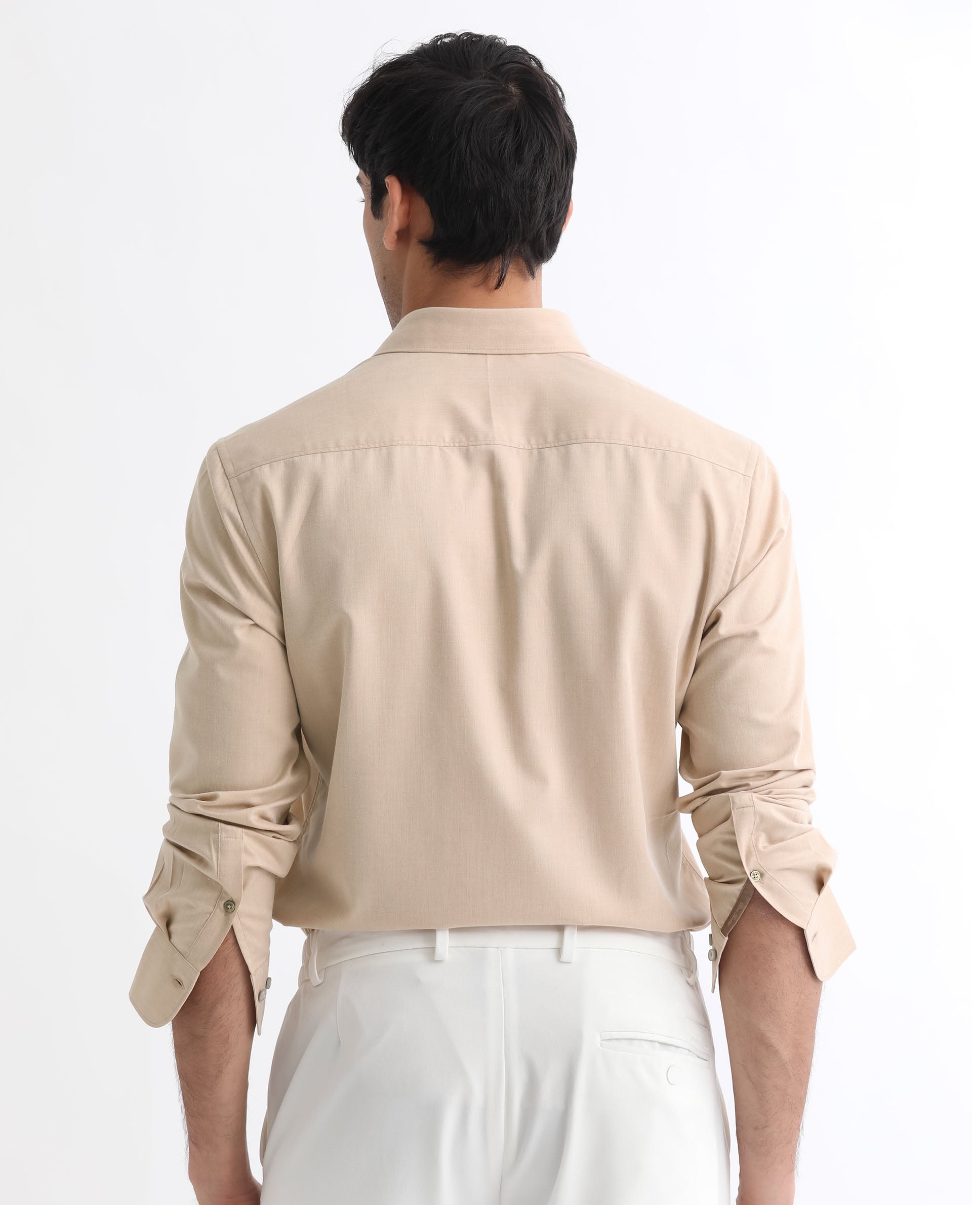 Rare Rabbit Men's Gunjan Beige Cotton Plain Regular Fit Full Sleeve Collared Shirt