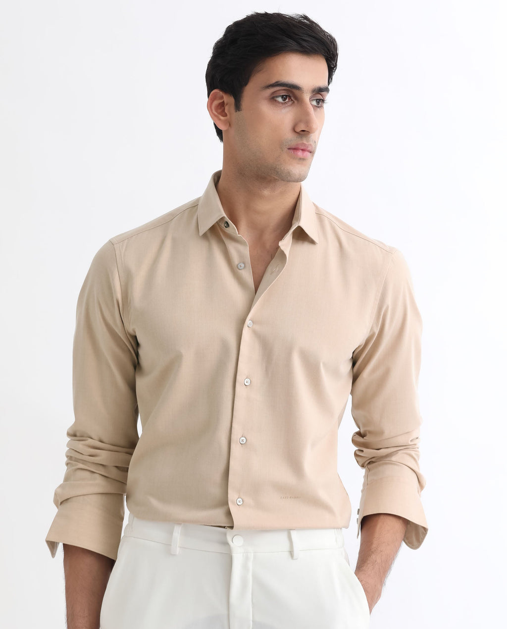 Rare Rabbit Men's Gunjan Beige Cotton Plain Regular Fit Full Sleeve Collared Shirt