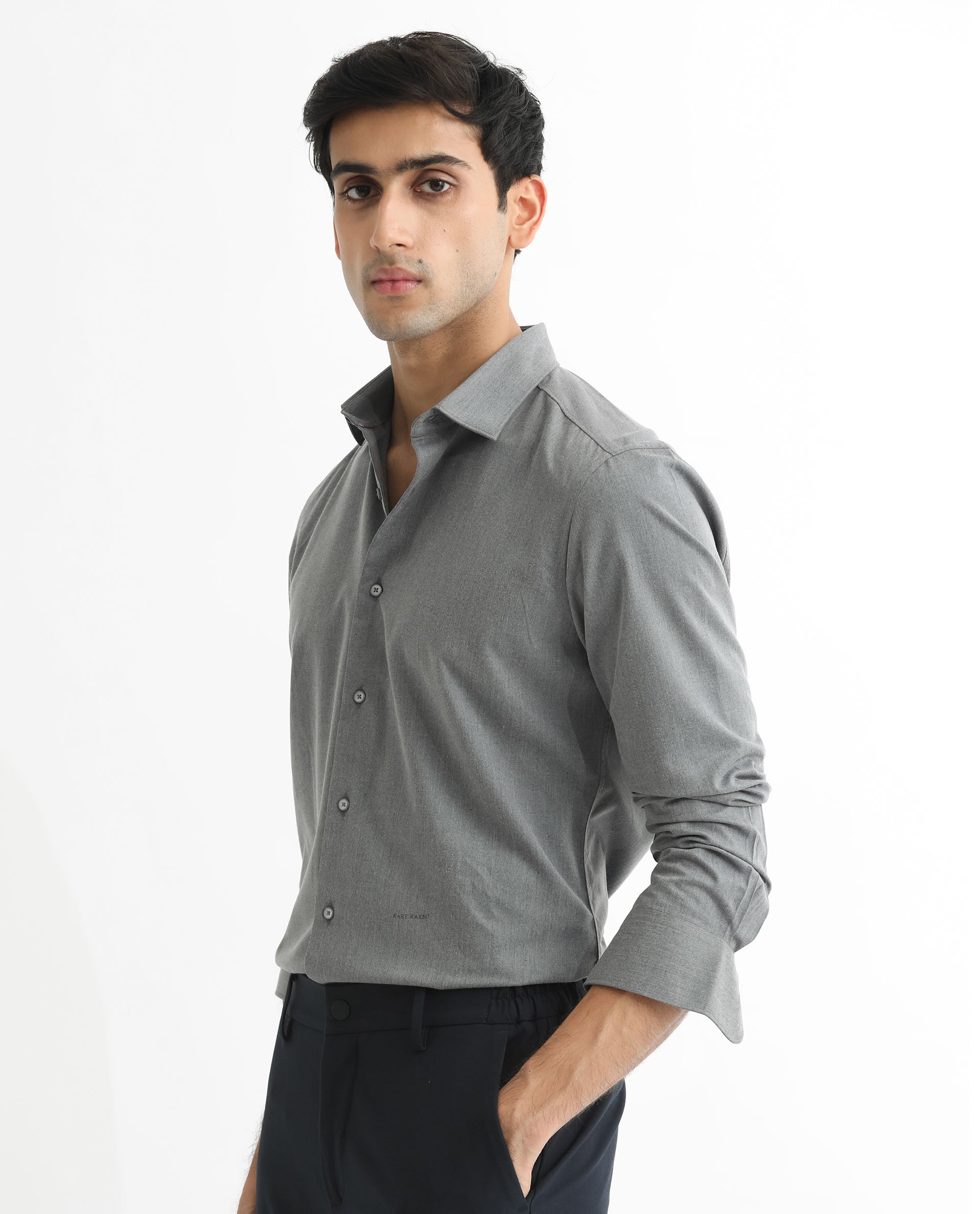 Rare Rabbit Men's Gunjan Navy Cotton Plain Regular Fit Full Sleeve Collared Shirt