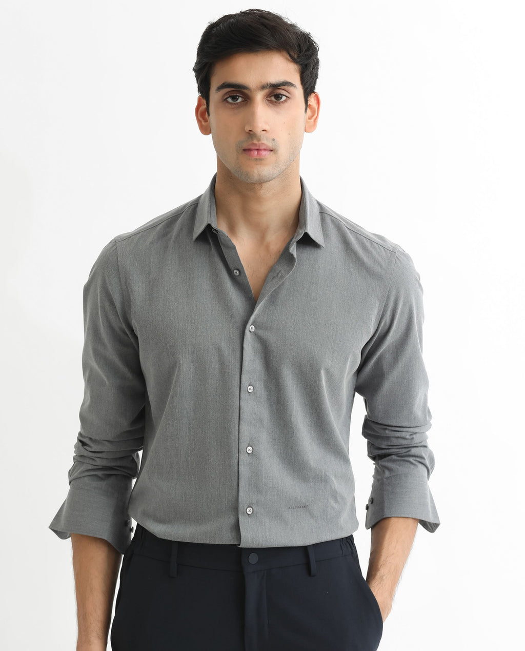 Rare Rabbit Men's Gunjan Navy Cotton Plain Regular Fit Full Sleeve Collared Shirt