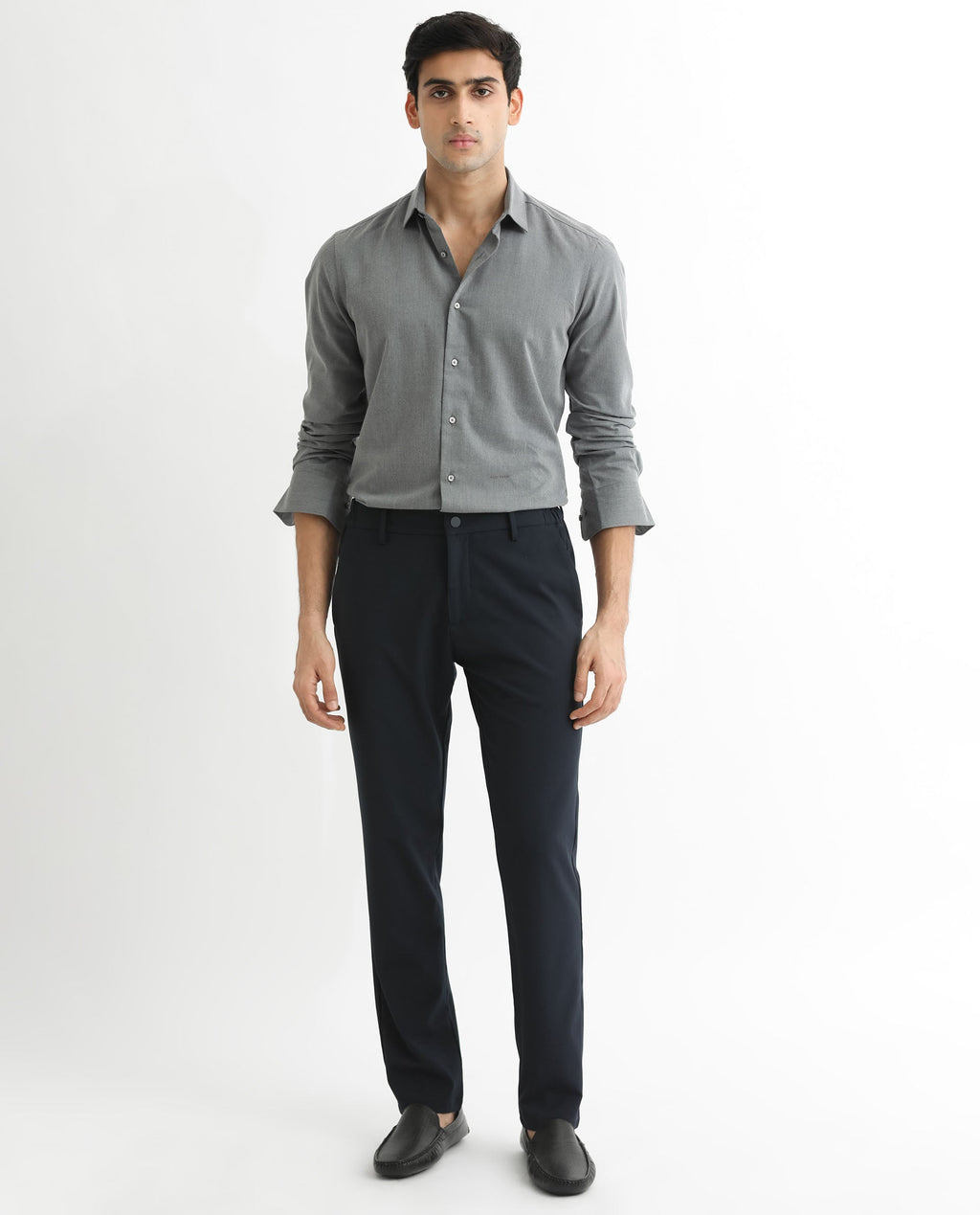 Rare Rabbit Men's Gunjan Navy Cotton Plain Regular Fit Full Sleeve Collared Shirt