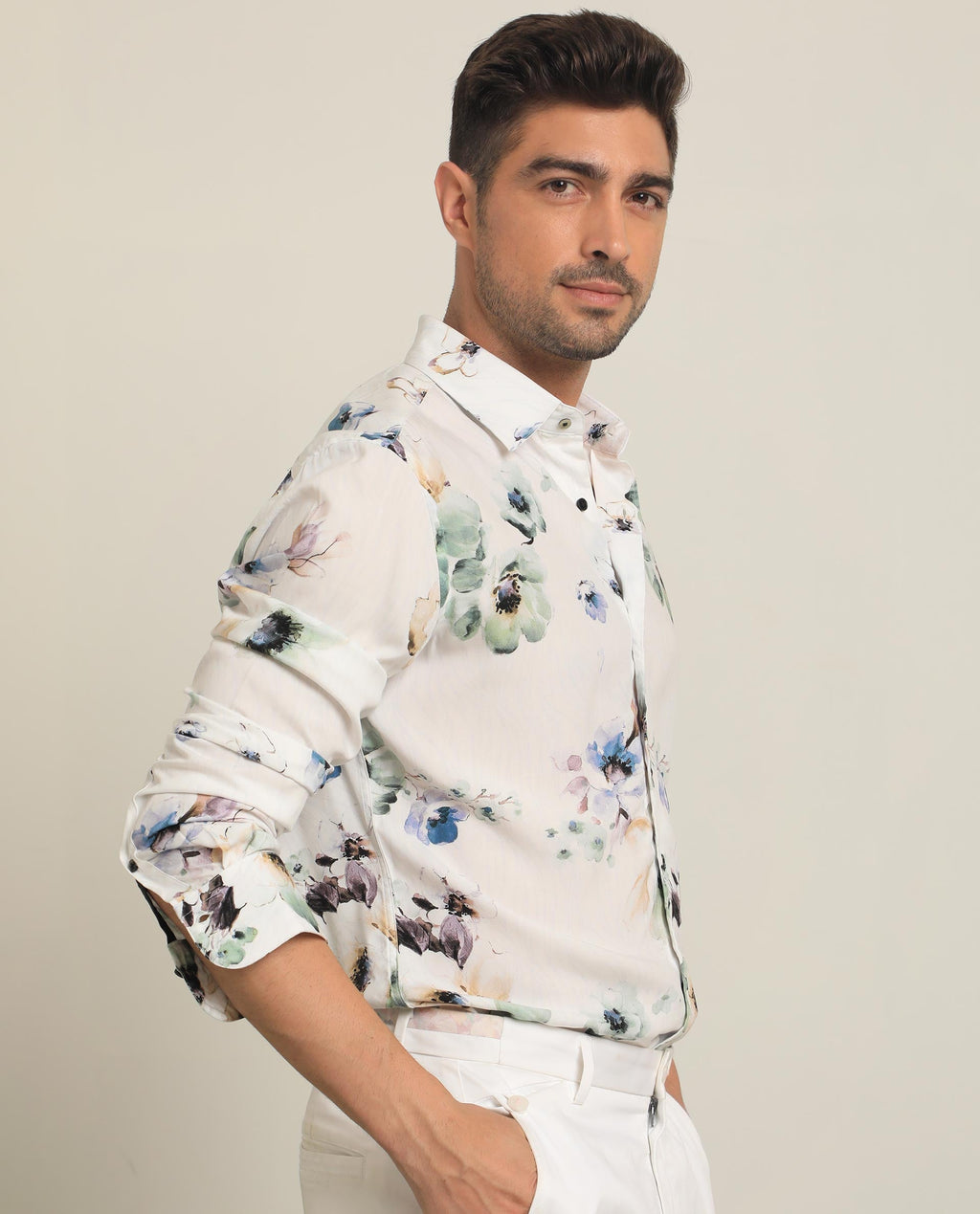 Rare Rabbit Men's Flowey White Viscose Floral Print Regular Fit Full Sleeve Collared Shirt