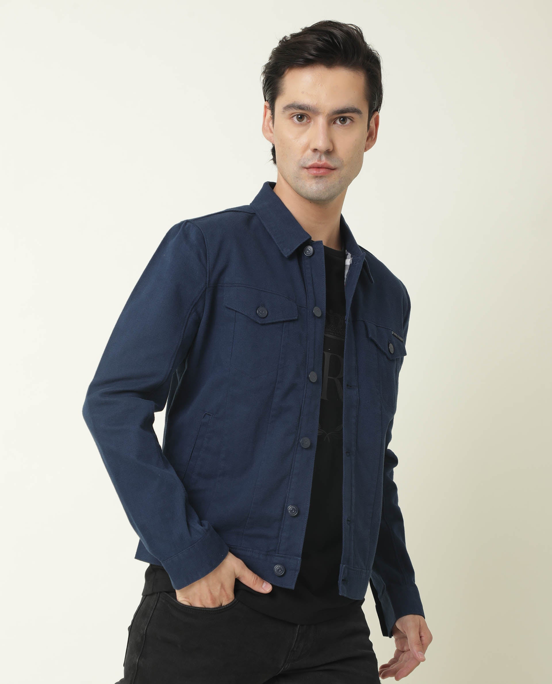 Rare Rabbit Men's Vintage Navy Cotton Plain Regular Fit Full Sleeve Spread Collar Jacket