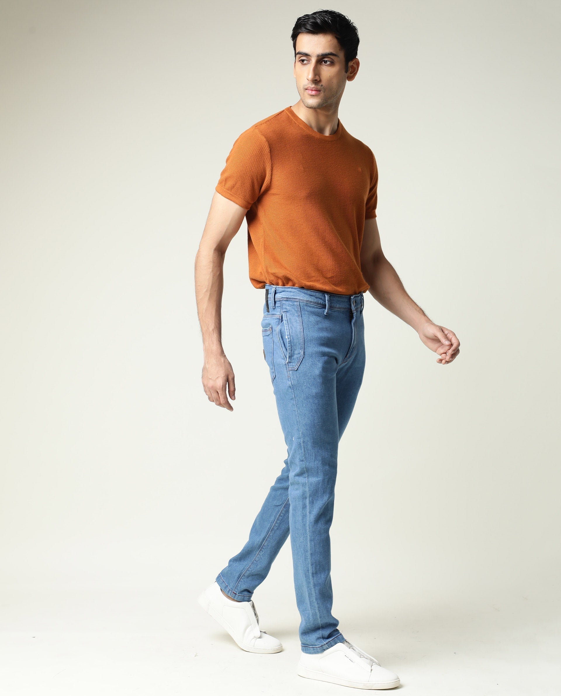 Rare Rabbit Men's Midtas Blue Cotton Plain Hawk Slim Fit Jeans