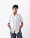 Rare Rabbit Men's Mik White Linen Blend Plain Regular Fit Half Sleeve Collared Shirt