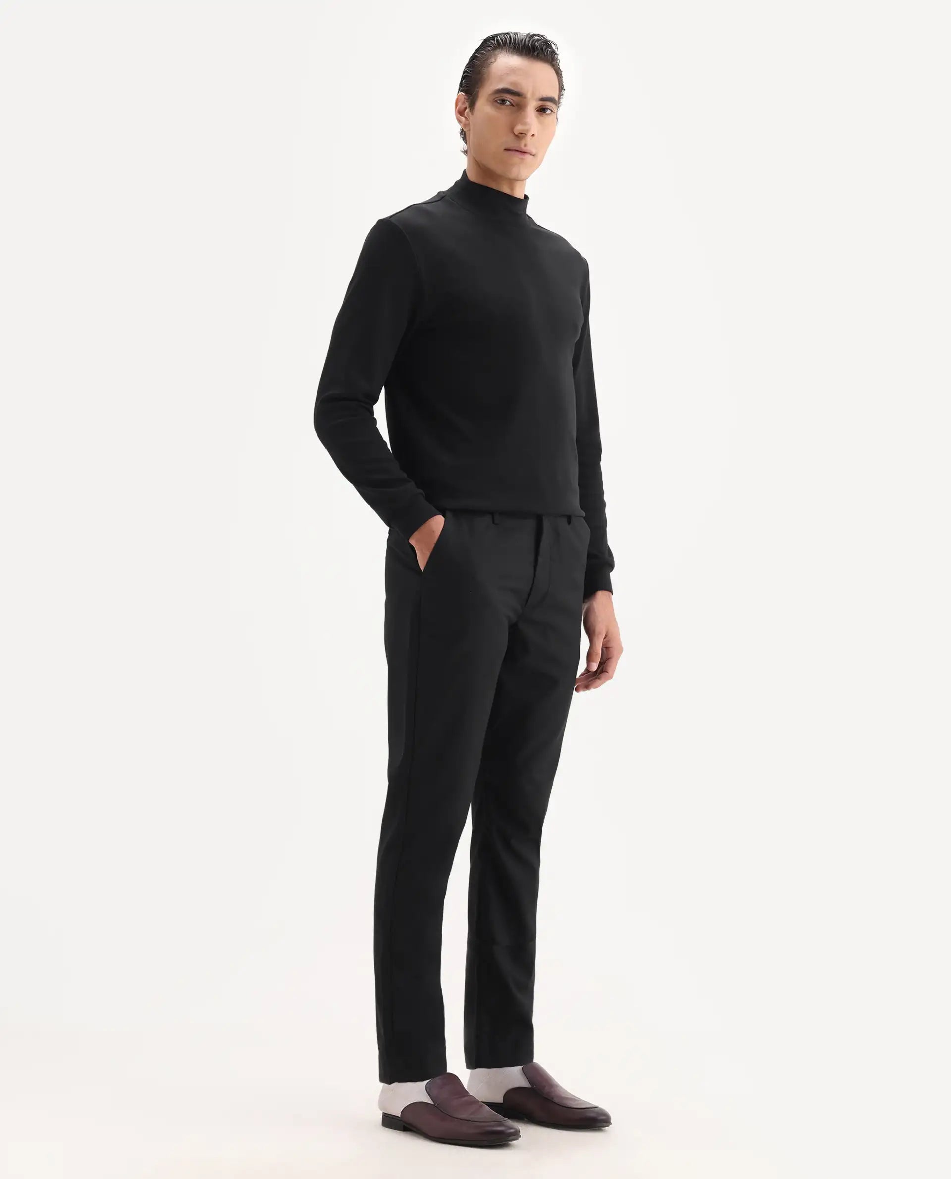 Rare Rabbit Men's Ital Black Cotton Blend Plain Regular Fit Trouser