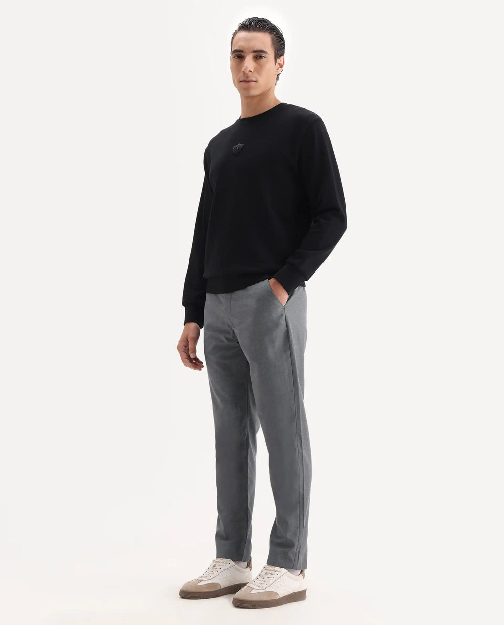 Rare Rabbit Men's Ital Grey Cotton Blend Plain Regular Fit Trouser