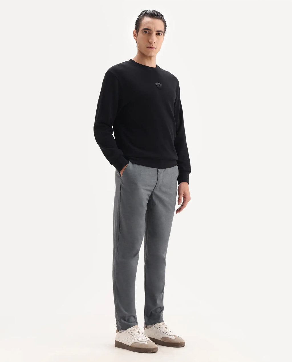 Rare Rabbit Men's Ital Grey Cotton Blend Plain Regular Fit Trouser