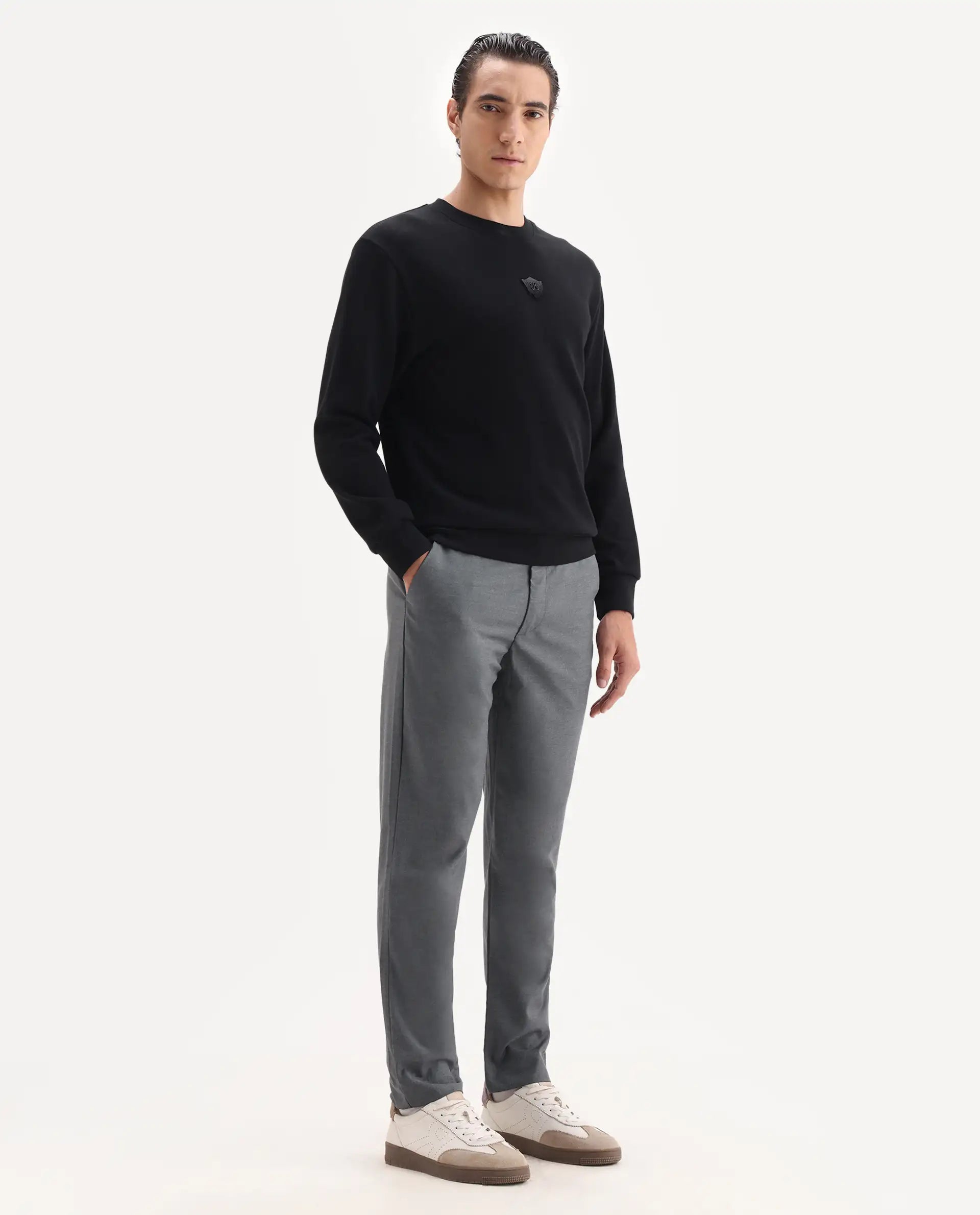 Rare Rabbit Men's Ital Grey Cotton Blend Plain Regular Fit Trouser