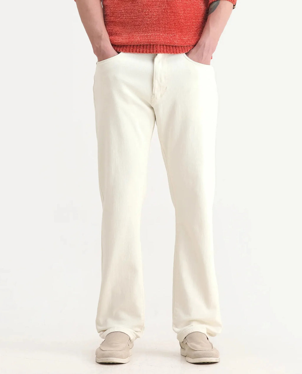 Rare Rabbit Men's Joel-G1 Off White Cotton Blend Fabric Morris Regular Plain Jeans