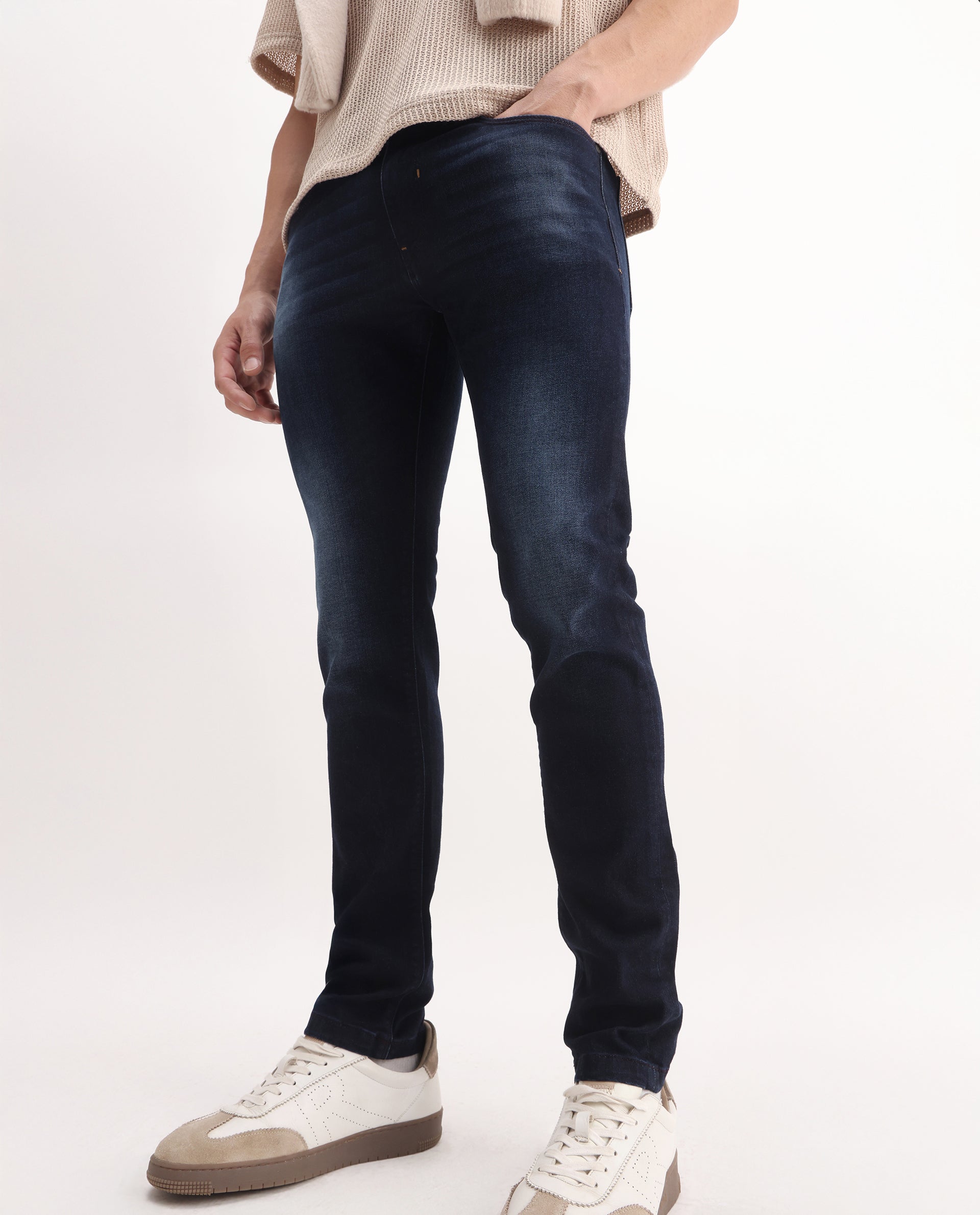 Rare Rabbit Men's Juan Blue Cotton Plain Hawk Slim Fit Jeans