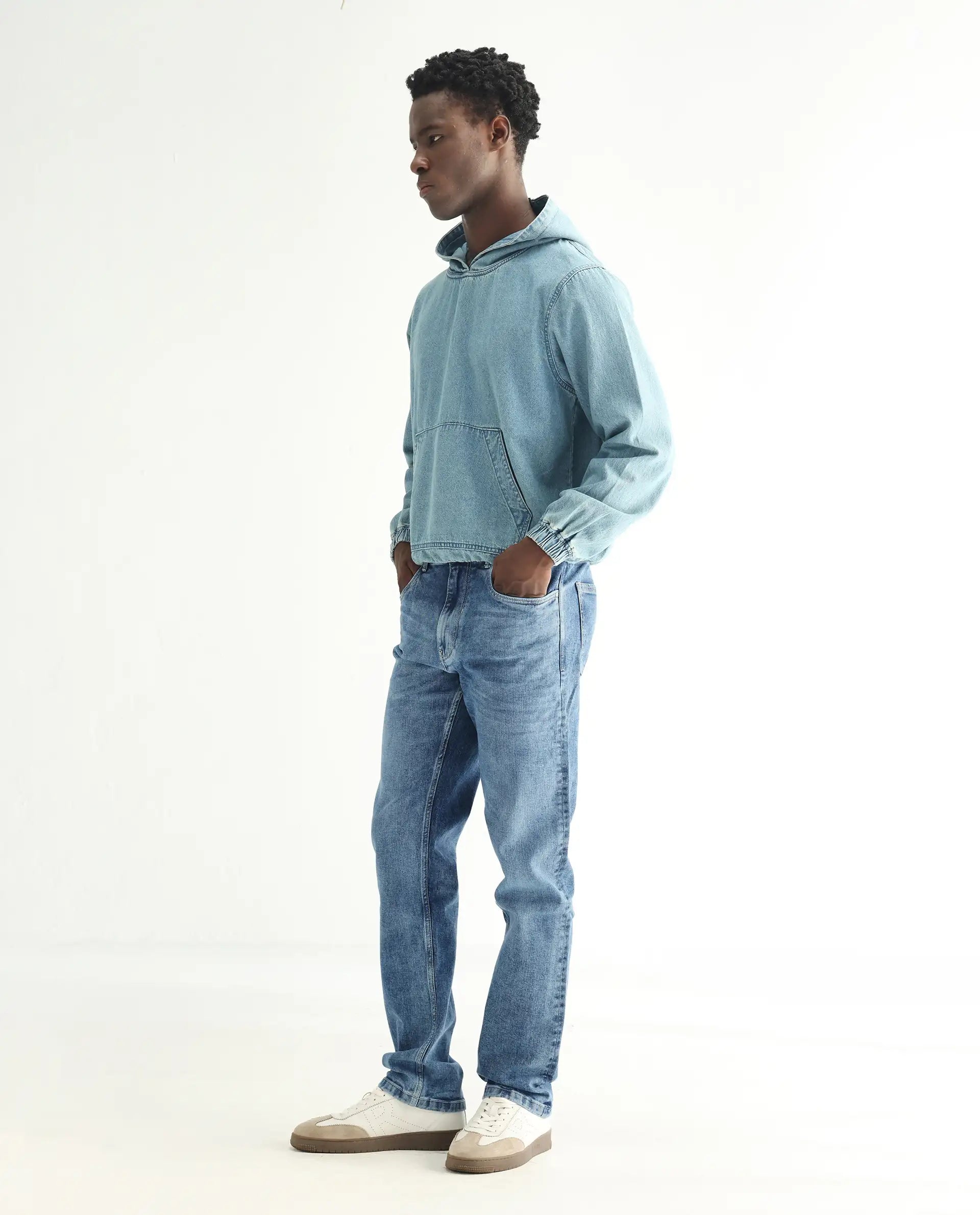 Rare Rabbit Men's Klune-2 Blue Cotton Blend Plain Morris Regular Fit Jeans