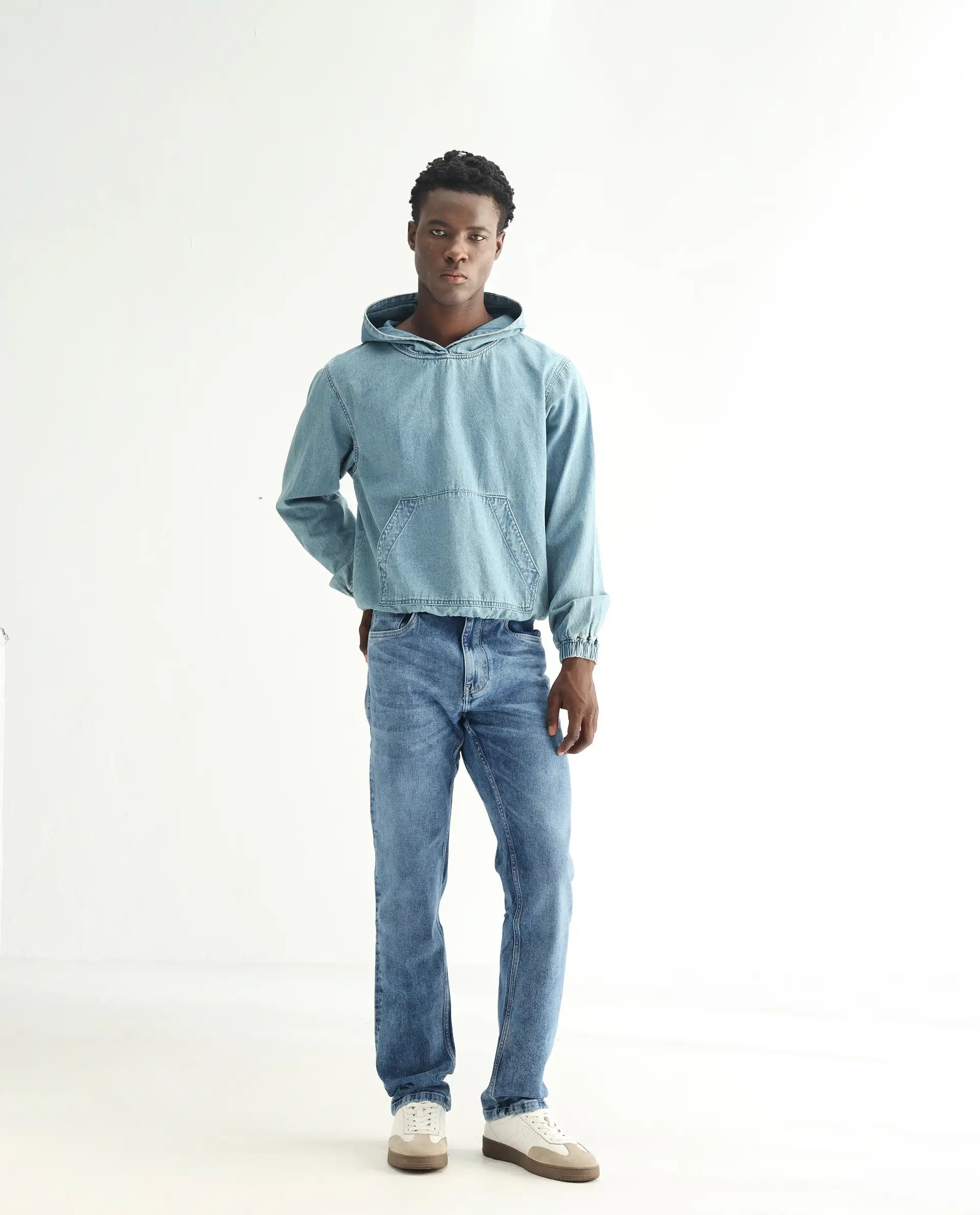 Rare Rabbit Men's Klune-2 Blue Cotton Blend Plain Morris Regular Fit Jeans